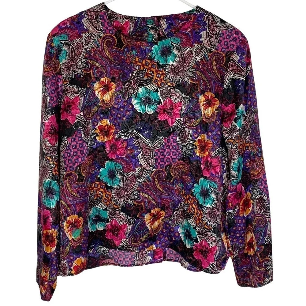 Vintage 90s Floral Blouse 14 XL Satin Long Sleeve Granny Paisley Shoulder Pads